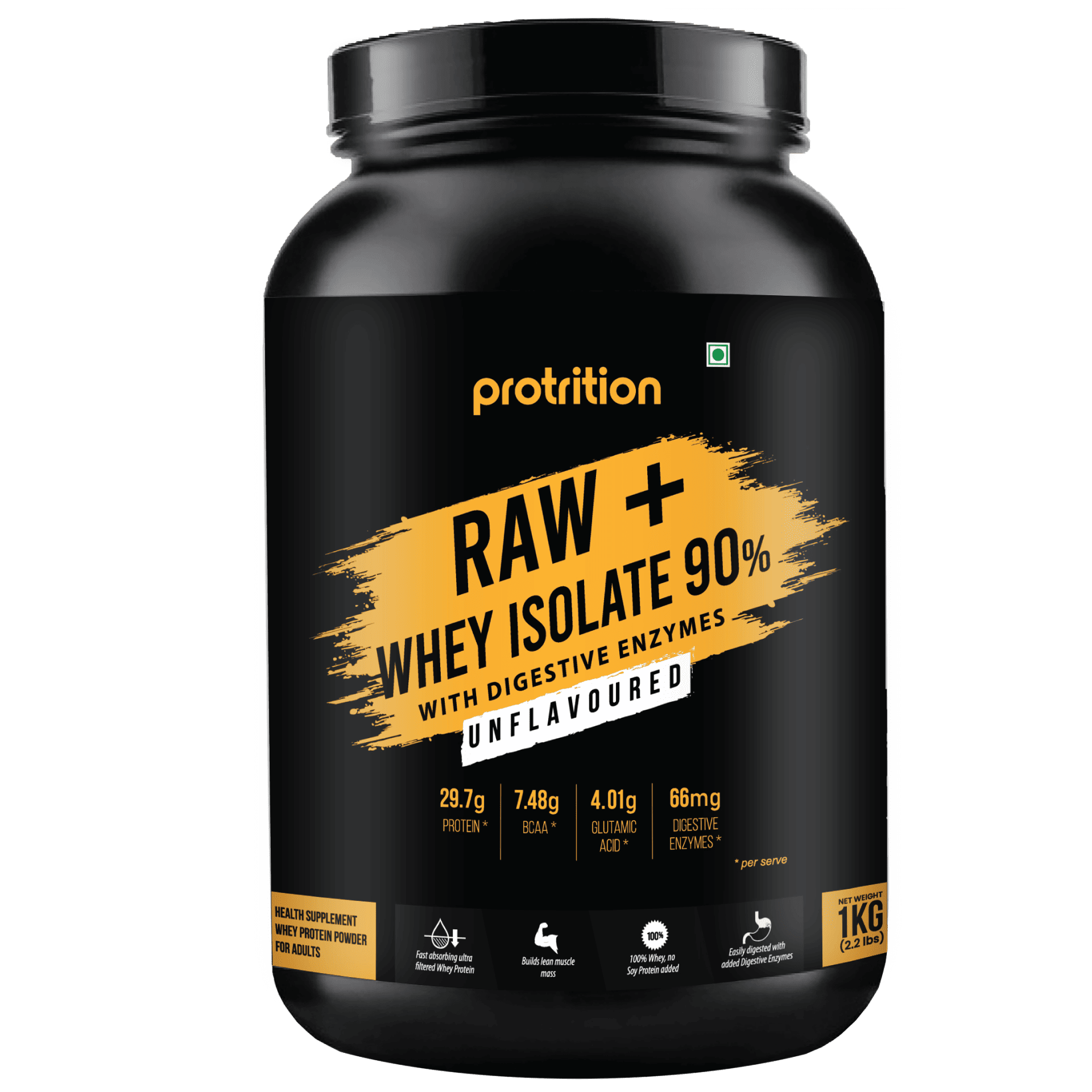 Raw Whey Protein Isolate 90% by Protrition, Unflavored, 1kg, Best Protein Powder for Athletes & Bodybuilders