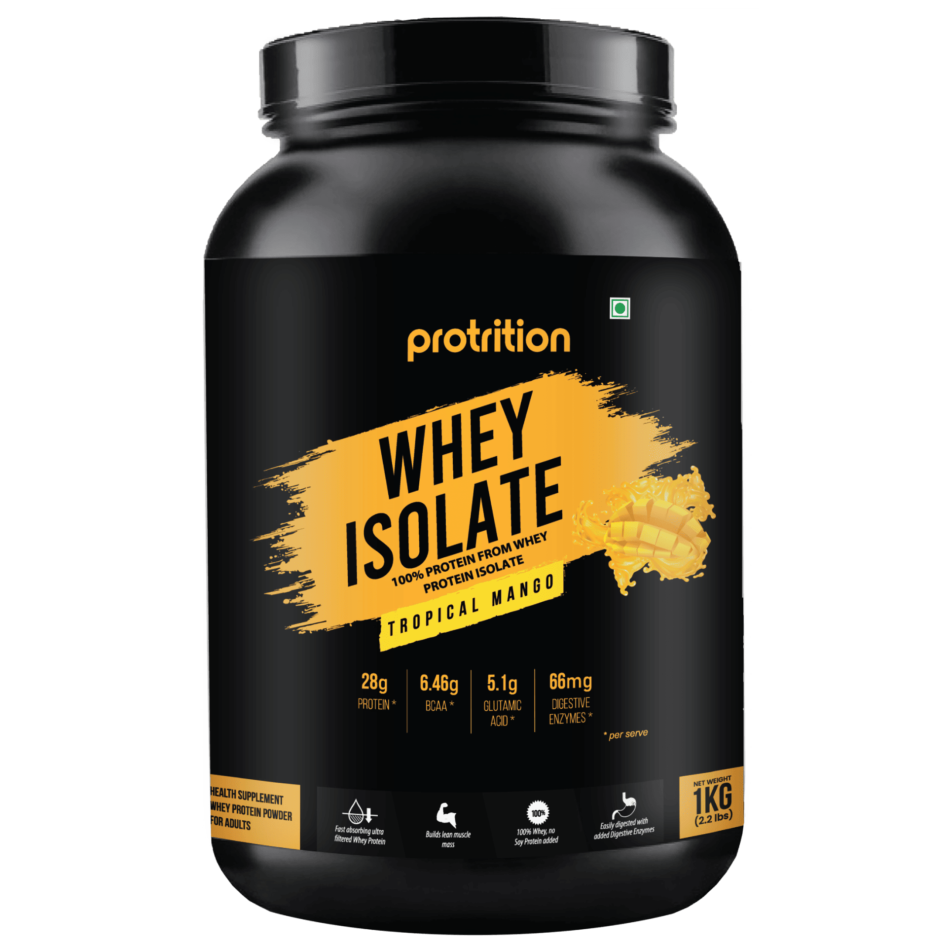 Protrition Whey Isolate Protein Powder, Mango Flavor, 1kg, Best Protein Powder for Muscle Gain, Low Fat Low Sugar