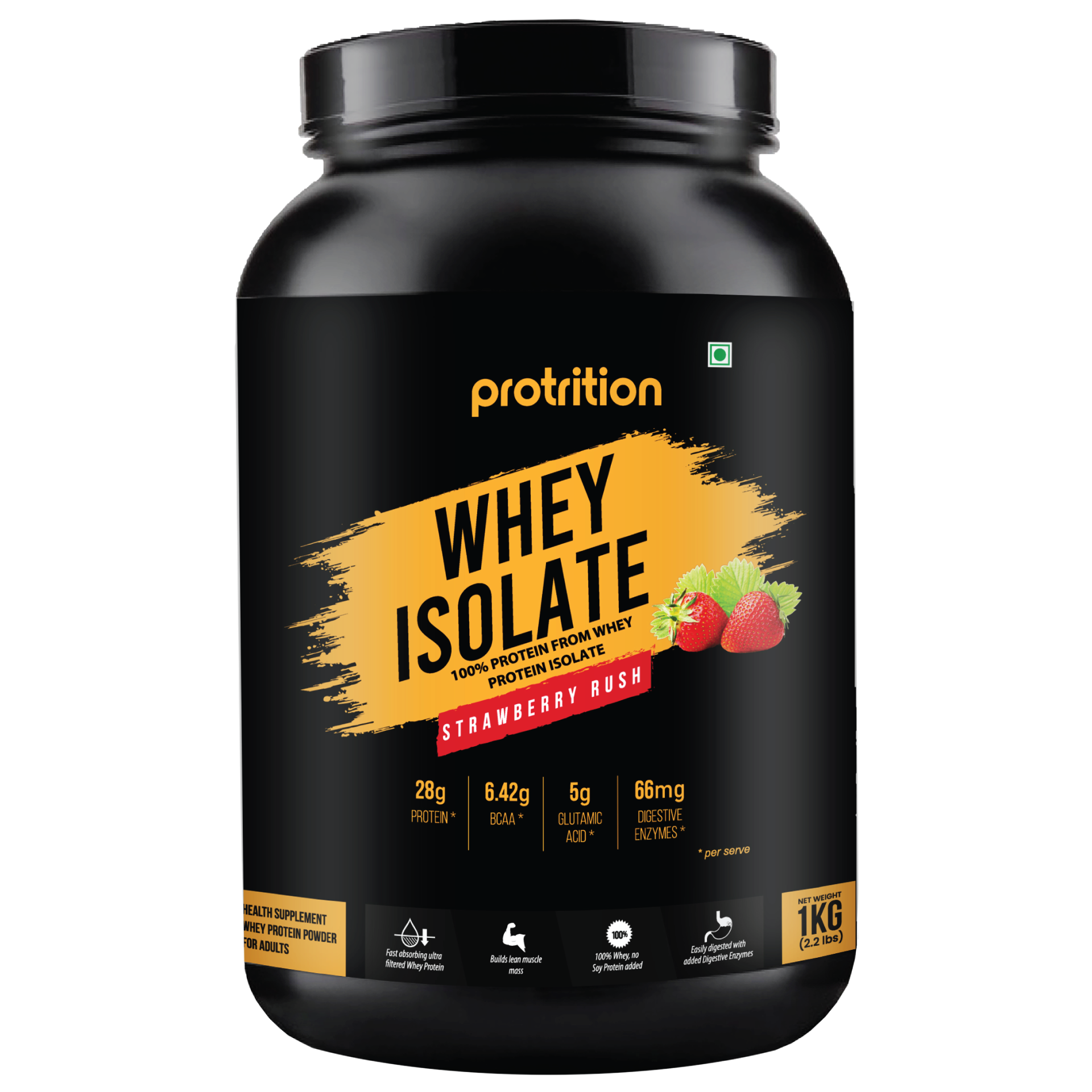 Protrition Whey Isolate Protein Powder, Strawberry Rush Flavor, 1kg, High Protein for Muscle Growth & Recovery