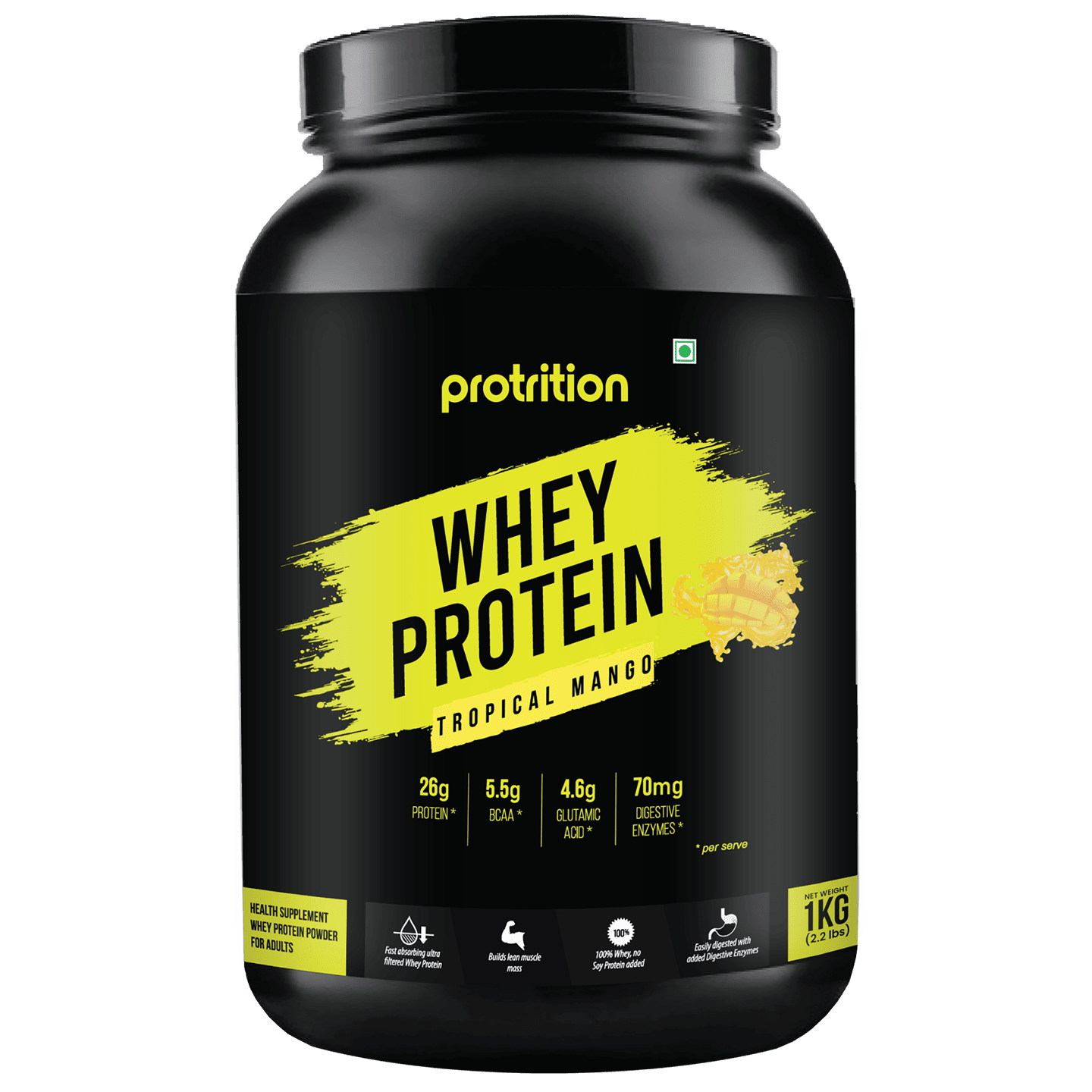 Protrition Whey Protein Powder, 1kg, Tropical Mango, High Protein, Supports Muscle Gain & Weight Management