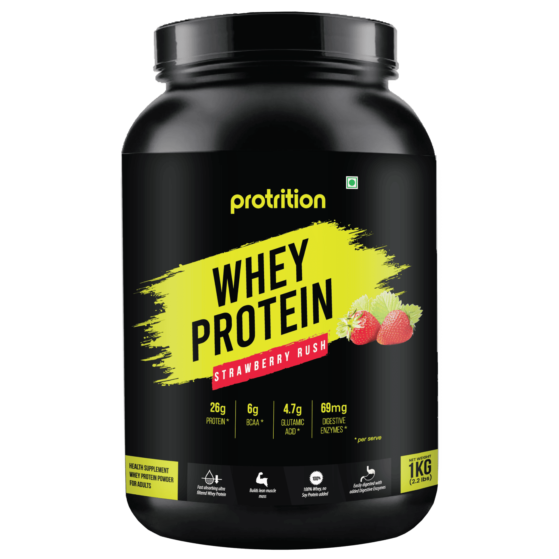 Protrition Whey Protein, Strawberry Rush, 1kg, Good Tasting Protein Powder, Supports Muscle Growth & Strength, High Protein