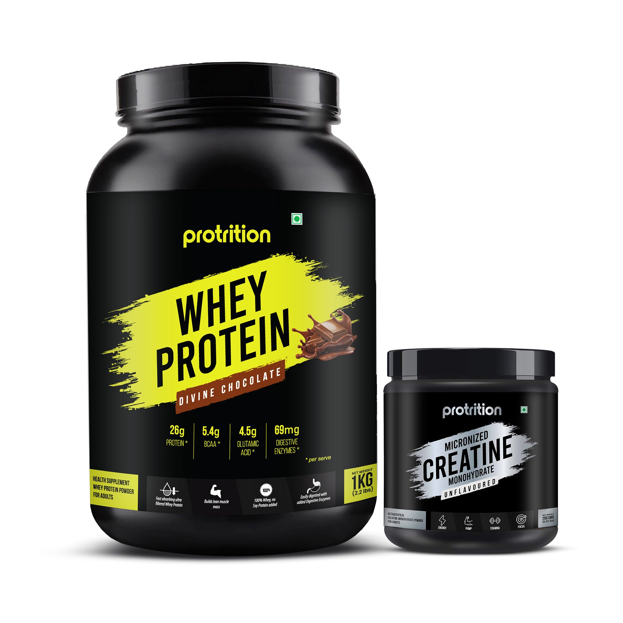 Protrition Whey Protein Divine Chocolate 1kg & Creatine Monohydrate 250 grams