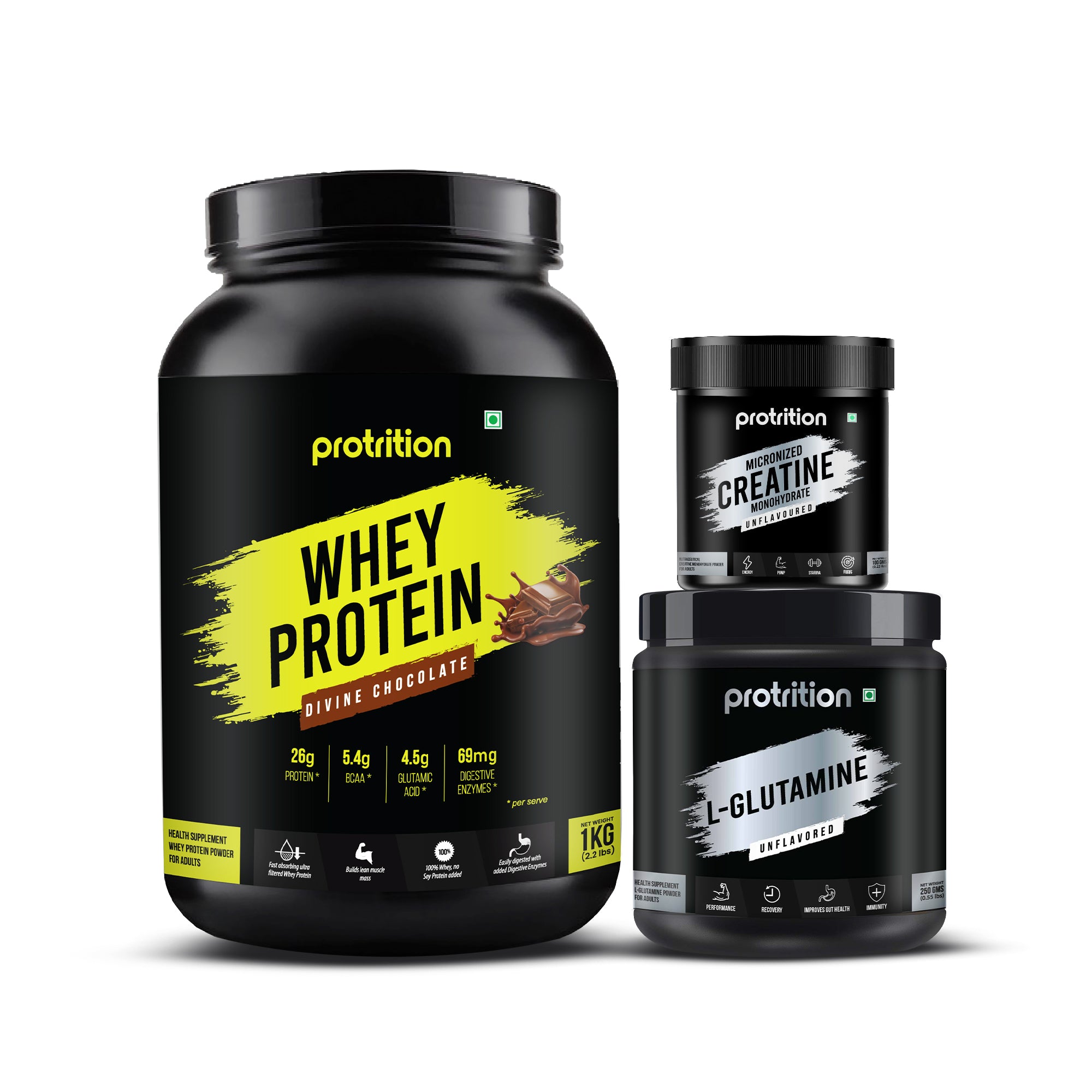 Protrition Whey Protein Divine Chocolate 1kg, Creatine Monohydrate 100 grams & L-Glutamine 250 grams