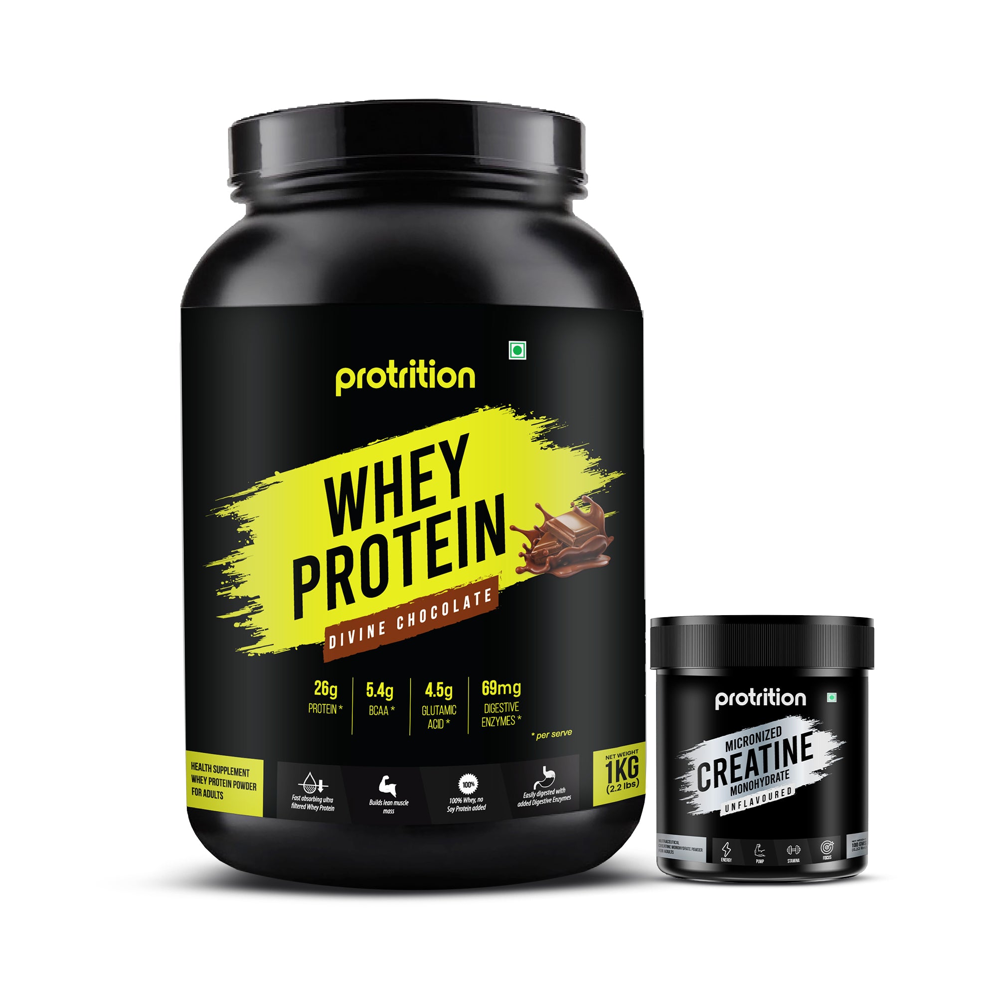 Protrition Whey Protein Divine Chocolate 1kg & Creatine Monohydrate 100 grams