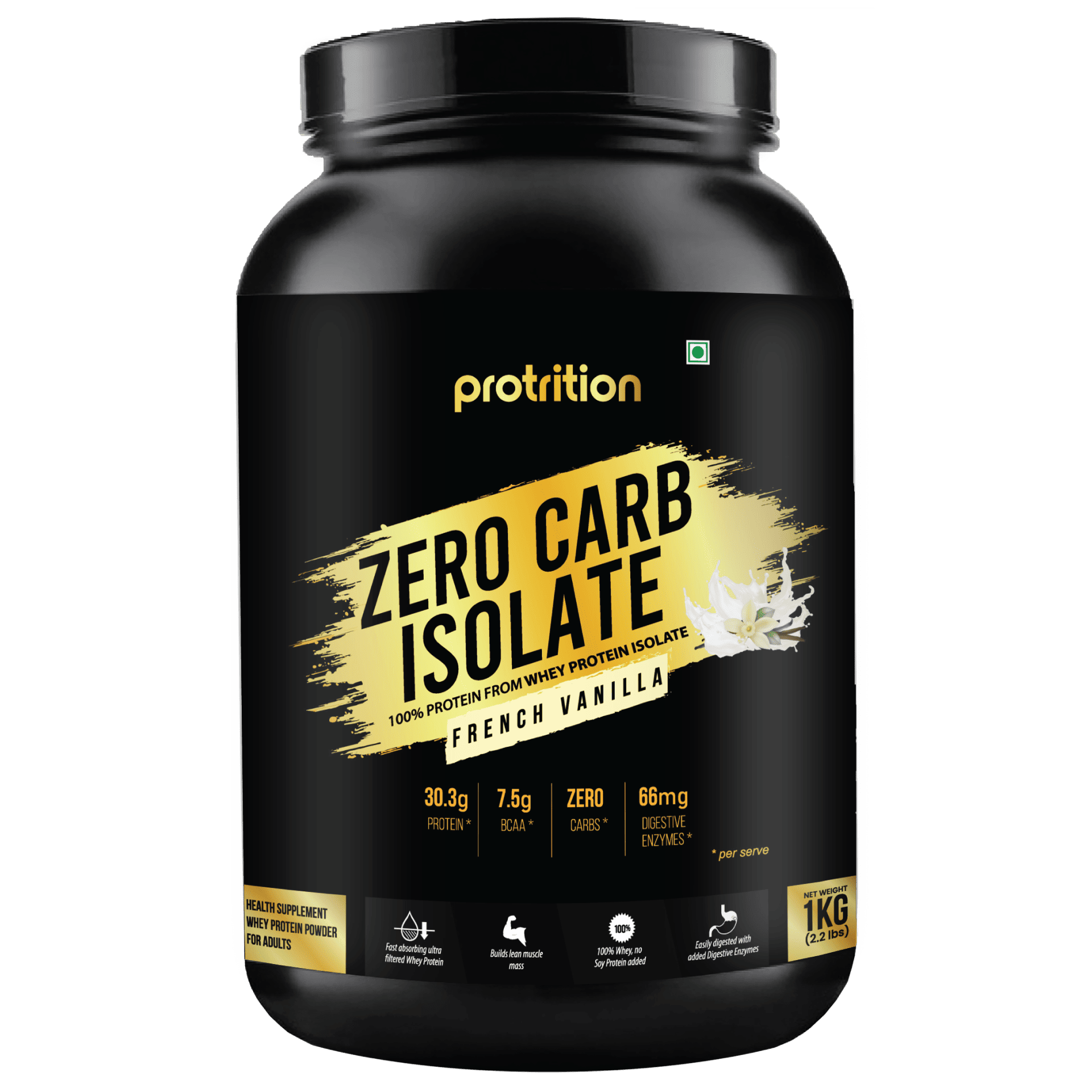 Protrition Zero Carb Isolate French Vanilla 1kg Pure Whey Protein Isolate, Zero Carb, High Protein, Supports Muscle Growth & Recovery