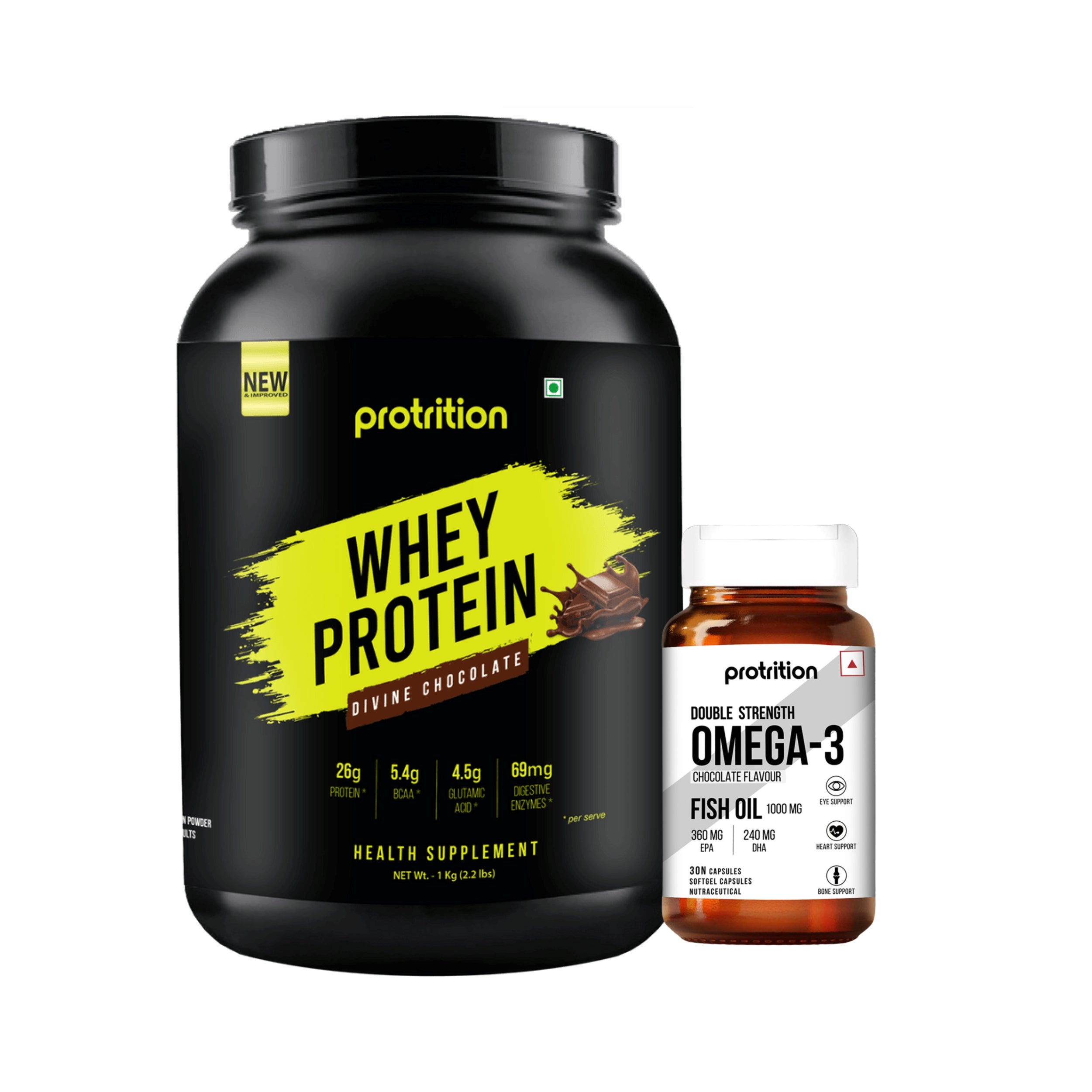 Whey Protein, Divine Chocolate, 1kg + Omega-3 Fish Oil Double Strength Combo